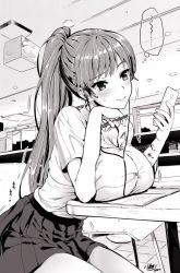Rule 34 | ..., 1girl, blush, breast rest, breasts, breasts on table, cellphone, cleavage, closed mouth, collared shirt, dated, desk, earphones, from side, greyscale, hands up, holding, holding phone, huge breasts, kojima saya, long hair, miniskirt, monochrome, original, phone, pleated skirt, ponytail, shirt, short sleeves, signature, sitting, skirt, smartphone, smile, solo, spoken ellipsis, spoken squiggle, squiggle, sweat, wing collar