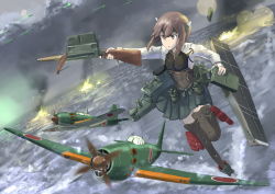 Rule 34 | 10s, 1girl, absurdres, abyssal ship, aircraft, airplane, anti-aircraft, anti-aircraft gun, armor, battle, blush, bow (weapon), brown eyes, brown hair, clip (weapon), crossbow, enemy aircraft (kancolle), erica (naze1940), fire, flat chest, flight deck, headband, headgear, highres, holding, holding crossbow, holding weapon, jet, kantai collection, magazine (weapon), ocean, open mouth, personification, pleated skirt, short hair, skirt, taihou (kancolle), thighhighs, weapon, yokosuka d4y