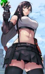 Rule 34 | 1girl, armpits, black gloves, black hair, black panties, black skirt, black thighhighs, blue sky, breasts, cloud, crop top, day, earrings, elbow gloves, final fantasy, final fantasy vii, final fantasy vii remake, fingerless gloves, from below, gloves, hair tie, highres, jewelry, large breasts, light smile, long hair, looking at viewer, materia, navel, outdoors, panties, pantyshot, pleated skirt, red eyes, shirt, skirt, sky, solo, sports bra, square enix, suspender skirt, suspenders, thighhighs, tifa lockhart, underwear, very long hair, white shirt, yoshio (55level)