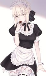 Rule 34 | 1girl, apron, artoria pendragon (all), artoria pendragon (fate), black bow, black dress, black ribbon, blonde hair, blush, bow, braid, breasts, chocolate, choker, dress, fate/stay night, fate (series), food, french braid, frilled choker, frills, fruit, hair between eyes, hair bow, highres, long hair, looking at viewer, maid, maid headdress, meltymaple, neck ribbon, official alternate costume, pale skin, puffy short sleeves, puffy sleeves, ribbon, saber alter, short sleeves, sidelocks, small breasts, solo, strawberry, tasting, thighhighs, thighs, tongue, tongue out, waist apron, white apron, wrist cuffs, yellow eyes