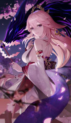 Rule 34 | 1girl, absurdres, animal ears, backless outfit, bare back, bare shoulders, cherry blossoms, chungla, commentary, detached sleeves, fox ears, genshin impact, gohei, hair between eyes, highres, holding, long hair, long sleeves, looking at viewer, nontraditional miko, pink hair, pink lips, purple eyes, shirt, sleeveless, sleeveless shirt, smile, solo, very long hair, white shirt, wide sleeves, yae miko
