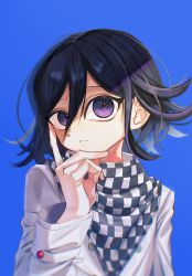 Rule 34 | 1boy, black hair, blue background, checkered clothes, checkered scarf, danganronpa (series), danganronpa v3: killing harmony, foca (sello20582612), frown, grey jacket, hair between eyes, hand on own chin, hand up, highres, jacket, long sleeves, looking at viewer, male focus, oma kokichi, pink hair, scarf, short hair, simple background, solo