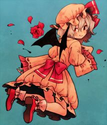 Rule 34 | 1girl, bat wings, blue background, closed mouth, dot nose, dress, fang, fang out, flower, flying, from behind, hand up, hat, juliet sleeves, ka (marukogedago), long sleeves, looking at viewer, looking back, mob cap, petals, pink dress, pink hat, pink socks, puffy sleeves, red eyes, red flower, red footwear, red rose, remilia scarlet, rose, shoes, smile, socks, solo, touhou, wide sleeves, wings