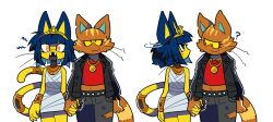 Rule 34 | 2girls, ?, animal crossing, animal ears, ankha (animal crossing), black jacket, black pants, blue hair, blunt bangs, bob cut, cat ears, cat tail, closed mouth, colored sclera, egyptian clothes, fangs, furry, furry female, hair ornament, highres, holding hands, jacket, katt (animal crossing), looking at viewer, loveycloud, multiple girls, nintendo, pants, ringed eyes, simple background, smile, snake hair ornament, tail, whiskers, white background, yellow eyes, yellow sclera, yuri