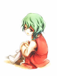 Rule 34 | 1girl, aged down, artistic error, asutora, chestnut mouth, from behind, full body, green hair, hugging own legs, kazami yuuka, long sleeves, looking to the side, no shoes, plaid, plaid skirt, red eyes, red skirt, red vest, simple background, sitting, sketch, skirt, solo, touhou, vest, wavy hair, white background, white legwear