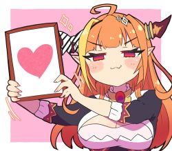 Rule 34 | 1girl, ahoge, black hairband, black jacket, blonde hair, blunt bangs, blush, border, bow, breasts, brooch, cleavage, cleavage cutout, clothing cutout, collared shirt, commentary, diagonal-striped bow, dragon girl, dragon horns, drawing (object), fang, hairband, hands up, heart, highres, holding, holding drawing, hololive, horn bow, horn ornament, horns, jacket, jewelry, kiryu coco, kiryu coco (1st costume), long hair, medium breasts, multicolored eyes, multicolored hair, orange hair, picture frame, pink background, pointy ears, purple eyes, red eyes, sakuramochi (sakura frappe), shirt, simple background, skin fang, smirk, smug, solo, streaked hair, striped, striped bow, symbol-only commentary, virtual youtuber, white border, white shirt