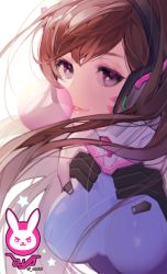 Rule 34 | 1girl, bad id, bad twitter id, bodysuit, breasts, brown hair, blowing bubbles, character name, chewing gum, d.va (overwatch), facepaint, facial mark, high collar, large breasts, lips, long hair, long image, looking at viewer, overwatch, overwatch 1, pilot suit, pink lips, purple eyes, rabbit, sadal, solo, star (symbol), stick poster, swept bangs, turtleneck, twitter username, upper body, whisker markings
