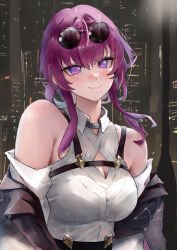 Rule 34 | 1girl, absurdres, bare shoulders, black jacket, breasts, cleavage, cleavage cutout, clothing cutout, commentary, eyewear on head, highres, honkai: star rail, honkai (series), jacket, kafka (honkai: star rail), long hair, looking at viewer, medium breasts, off shoulder, purple eyes, purple hair, shirt, shoulder cutout, smile, solo, sunglasses, upper body, white shirt, yawww (yawwwart)