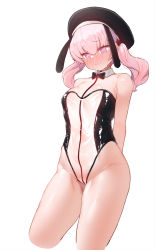 Rule 34 | 1girl, @ @, bare shoulders, beret, blonde hair, blue archive, blush, bow, bowtie, breasts, detached collar, hat, highres, koharu (blue archive), leotard, meme attire, moonjunk, pink eyes, pink hair, playboy bunny, simple background, solo, tears, thighs, translucent bunnysuit, twintails, white background