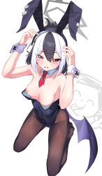 Rule 34 | 1girl, absurdres, animal ears, black hair, blue archive, blush, breasts, detached collar, doodle sensei (blue archive), eason870408, fake animal ears, fake horns, from above, full body, hands up, highres, horns, kayoko (blue archive), leotard, leotard pull, long hair, looking at viewer, low wings, medium breasts, multicolored hair, necktie, open mouth, pantyhose, playboy bunny, ponytail, rabbit ears, red eyes, sensei (blue archive), solo, strapless, strapless leotard, two-tone hair, white hair, wings, wrist cuffs