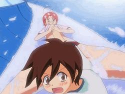 Rule 34 | 00s, 1boy, 1girl, animated, animated gif, breasts, brown eyes, brown hair, eiken, finger in another&#039;s mouth, mifune densuke, no bra, red eyes, red hair, sexually suggestive, shinonome yuriko, slide, underboob, yogurt