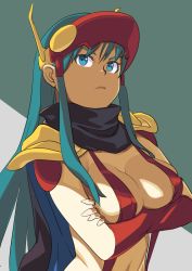 Rule 34 | 1990s (style), 1girl, breast hold, breasts, cape, crossed arms, curry (dbt), genji tsuushin agedama, green eyes, green hair, head-mounted display, kuki rei, large breasts, long hair, matching hair/eyes, revealing clothes, scarf, shoulder pads, solo, upper body