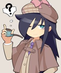 Rule 34 | 1girl, ;), ?, bags under eyes, black hair, blazer, bow, brown capelet, brown hat, buttons, capelet, closed mouth, collared shirt, commentary, deerstalker, detective, green eyes, grey background, hand up, hat, hat bow, holding, holding smoking pipe, hospital king, jacket, kuroki tomoko, long hair, long sleeves, looking at viewer, necktie, official alternate costume, one eye closed, pink bow, purple necktie, school uniform, shirt, simple background, smile, smoking pipe, solo, spoken question mark, thought bubble, upper body, watashi ga motenai no wa dou kangaetemo omaera ga warui!, white shirt, yellow jacket