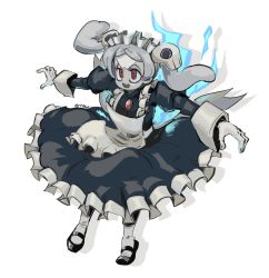 Rule 34 | 1girl, 770mk, apron, bloody marie (skullgirls), brooch, dress, energy, fire, frilled apron, frilled dress, frills, full body, grey hair, hair ornament, highres, jewelry, maid headdress, mary janes, open mouth, red eyes, shoes, skull hair ornament, skullgirls, solo, twintails