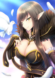 Rule 34 | 1girl, animal, animal on hand, between breasts, bird, bird on hand, black dress, blue sky, breasts, bridal gauntlets, brown hair, cleavage, closed mouth, cloud, commentary request, day, dress, fate/grand order, fate (series), feathers, fingernails, fur trim, head tilt, highres, large breasts, long hair, looking at viewer, nail polish, pink nails, pointy ears, semiramis (fate), sky, smile, solo, strapless, strapless dress, taiki ken, very long hair, white feathers, yellow eyes