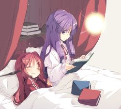 Rule 34 | 2girls, alternate costume, blanket, blush, book, book stack, capelet, closed eyes, curtains, head wings, image sample, koakuma, light, long sleeves, looking down, lying, multiple girls, no headwear, on bed, on side, open book, open mouth, patchouli knowledge, pillow, profile, purple eyes, purple hair, reading, satou kibi, sitting, sleeping, touhou, track suit, wide sleeves, wings