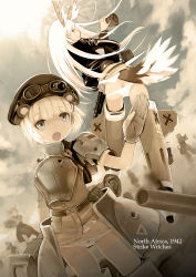 Rule 34 | 00s, 2girls, animal ears, armor, ass, beret, blonde hair, cecilia glinda miles, flying, gloves, goggles, goggles on head, hanna-justina marseille, hashigoya, hat, head wings, headphones, long hair, lowleg, lowleg panties, mecha musume, multiple girls, open mouth, panties, raccoon girl, short hair, strike witches, striker unit, tail, ueda hashigo, underwear, uniform, white hair, wings, witches of africa, world witches series