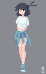 Rule 34 | 1girl, absurdres, aqua footwear, arms behind back, bare legs, black eyes, black hair, blue shorts, borrowed character, clothes around waist, full body, grey background, highres, jacket, jacket around waist, kirkeone, looking at viewer, lucia (scott malin), midriff, shirt, short hair, short sleeves, shorts, simple background, smile, solo, standing, walking, white shirt