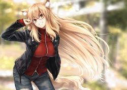 Rule 34 | 1girl, :d, adjusting eyewear, animal ear fluff, animal ears, arm up, black jacket, blonde hair, blurry, blurry background, blush, breasts, commentary request, contemporary, cowboy shot, day, denim, depth of field, fate/grand order, fate (series), fingernails, floating hair, fox ears, fox girl, fox tail, glasses, grin, hand in pocket, head tilt, jacket, jeans, large breasts, leaning forward, lipstick, long fingernails, long hair, long sleeves, looking at viewer, makeup, nail polish, open clothes, open jacket, open mouth, outdoors, pants, pink lips, red-framed eyewear, red jacket, red nails, smile, solo, suien, suzuka gozen (fate), suzuka gozen (traveling outfit) (fate), tail, teeth, very long hair, wind, yellow eyes, zipper