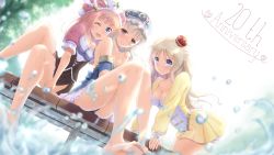 Rule 34 | 3girls, all fours, ass, atelier (series), atelier meruru, atelier rorona, atelier totori, bare legs, bare shoulders, barefoot, blue eyes, borubikku, breasts, brown eyes, brown hair, cleavage, commentary request, crown, dutch angle, feet, hat, highres, light brown hair, long hair, long sleeves, medium breasts, merurulince rede arls, mini crown, multiple girls, one eye closed, rororina fryxell, short sleeves, sitting, small breasts, toes, totooria helmold, water