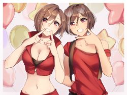 Rule 34 | 2girls, balloon, bare shoulders, breasts, brown eyes, brown hair, brown jacket, character request, cleavage, collarbone, commentary request, grey hair, grin, hair between eyes, highres, jacket, large breasts, look-alike, looking at viewer, medium breasts, meiko (vocaloid), multicolored hair, multiple girls, nail polish, navel, off-shoulder shirt, off shoulder, red jacket, red nails, red shirt, shirt, short hair, sleeveless, sleeveless jacket, smile, two-tone hair, upper body, vocaloid, yen-mi