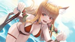 Rule 34 | 1girl, alternate costume, animal ear fluff, animal ears, bag, bikini, black choker, blunt bangs, breasts, brown hair, choker, commentary request, dual wielding, fangs, food, highres, holding, holding bag, holding food, holo, long hair, looking at viewer, medium breasts, natori youkai, ocean, open mouth, red bikini, red eyes, smile, solo, spice and wolf, swimsuit, tail, teeth, wolf ears, wolf girl, wolf tail