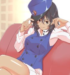 Rule 34 | 10s, 1girl, adjusting clothes, adjusting headwear, andou (girls und panzer), bc freedom (emblem), bc freedom military uniform, black hair, blue hat, blue vest, brown eyes, closed mouth, couch, crossed legs, dark-skinned female, dark skin, egooo, emblem, girls und panzer, girls und panzer saishuushou, hat, high collar, jacket, long sleeves, looking at viewer, military hat, pleated skirt, shako cap, shirt, short hair, sitting, skirt, smile, solo, unbuttoned, unbuttoned shirt, vest, white shirt, white skirt
