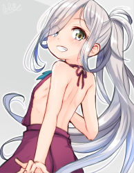 Rule 34 | 10s, 1girl, adapted costume, asashimo (kancolle), bare back, bare shoulders, blush, dress, flat chest, from behind, grin, hair over one eye, kantai collection, long hair, looking at viewer, looking back, no shirt, open mouth, unworn shirt, silver hair, simple background, sleeveless, sleeveless dress, smile, solo, tamanoi peromekuri, yellow eyes