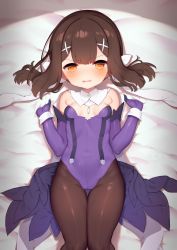 Rule 34 | 1girl, absurdres, bare shoulders, bed sheet, black hair, black pantyhose, blush, brown eyes, commentary request, elbow gloves, fate/kaleid liner prisma illya, fate (series), gloves, hair ornament, hairclip, highres, leotard, long hair, miyu edelfelt, pantyhose, purple gloves, purple leotard, purple skirt, sheet grab, showgirl skirt, skirt, solo, strapless, strapless leotard, thigh gap, tomo (ryo i so ), twintails