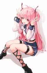 Rule 34 | 1girl, :d, absurdres, ahoge, angel beats!, black footwear, blouse, blue skirt, double v, fang, hair ornament, hands up, highres, leg belt, long hair, long sleeves, looking at viewer, midriff, miniskirt, open mouth, pink eyes, pink hair, pleated skirt, pro-p, school uniform, serafuku, shirt, shoes, simple background, sitting, skirt, smile, solo, thigh strap, thighs, two side up, v, very long hair, white background, white shirt, yui (angel beats!)