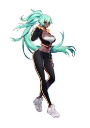 Rule 34 | 1girl, abs, absurdres, aqua hair, breasts, cleavage, closed mouth, commentary, contrapposto, crop top, dark-skinned female, dark skin, english commentary, full body, high ponytail, highres, jacket, large breasts, long hair, looking at viewer, midriff, mmlyno, navel, original, shiny skin, shoes, simple background, smile, sneakers, solo, strapless, track jacket, tube top, very long hair, white background