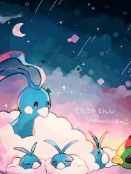 Rule 34 | altaria, animal focus, artist name, bird, black eyes, blue eyes, bright pupils, closed eyes, cloud, cloud background, cloudy sky, colored lineart, commentary request, creatures (company), crescent, crescent moon, cuddling, diamond (shape), emoticon, evolutionary line, eye contact, falling star, fluffy, game freak, gen 2 pokemon, gen 3 pokemon, gradient background, hanabusaoekaki, highres, looking at another, moon, natu, night, nintendo, no humans, pokemon, pokemon (creature), shooting star, sky, sleeping, star (sky), swablu, white pupils