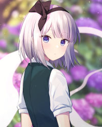Rule 34 | 1girl, black hairband, blurry, blurry background, closed mouth, flower, from behind, ghost, grey hair, hairband, highres, konpaku youmu, konpaku youmu (ghost), purin jiisan, purple flower, short hair, short sleeves, solo, touhou, upper body
