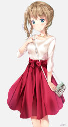 Rule 34 | 1girl, bad id, bad pixiv id, bag, bow, braid, breasts, brown hair, closed mouth, collarbone, commentary request, grey background, hand up, handbag, head tilt, long hair, long sleeves, looking at viewer, medium breasts, original, pleated skirt, red bow, red skirt, shirt, shoulder bag, side ponytail, signature, simple background, skirt, smile, solo, suihi, white shirt