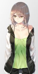Rule 34 | &gt;:(, 1girl, bare shoulders, black jacket, black pants, blush, brown eyes, brown hair, camisole, closed mouth, collarbone, commentary, cowboy shot, green camisole, grey background, hair between eyes, highres, jacket, long hair, looking away, looking to the side, open clothes, open jacket, original, pants, piripun, simple background, solo, v-shaped eyebrows