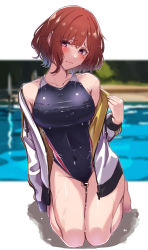 Rule 34 | 1girl, absurdres, blurry, blurry background, blush, breasts, brown hair, collarbone, competition swimsuit, covered navel, expressionless, highres, higuchi madoka, idolmaster, idolmaster shiny colors, jacket, jacket partially removed, looking at viewer, medium breasts, mole, mole under eye, one-piece swimsuit, pool, red eyes, seiza, short hair, sitting, solo, swimsuit, swimsuit under clothes, track jacket, watermark, wet, wet hair, yoshimoto (carpsukidayo)