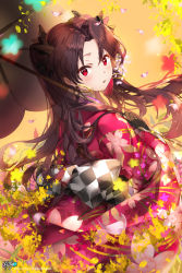 Rule 34 | 1girl, black hair, black ribbon, blush, earrings, fate/grand order, fate (series), floral print, flower, hair flower, hair ornament, hair ribbon, highres, hoop earrings, ishtar (fate), ishtar (formal dress) (fate), japanese clothes, jewelry, kimono, kyjsogom, long hair, looking at viewer, looking to the side, parasol, parted lips, petals, red eyes, red kimono, ribbon, sash, solo, tohsaka rin, two side up, umbrella, wide sleeves