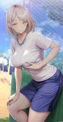 Rule 34 | 1girl, absurdres, blonde hair, blue shorts, breast hold, breasts, commentary request, day, fence, gentsuki, highres, large breasts, leaning forward, looking at viewer, original, outdoors, shirt, short hair, short sleeves, shorts, smile, solo focus, thighs, white shirt