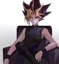 Rule 34 | 1boy, black bracelet, black hair, black pants, black shirt, blonde hair, bright pupils, chair, chinese commentary, commentary request, crossed legs, gradient background, grey background, highres, male focus, multicolored hair, naoki (2rzmcaizerails6), no jacket, on chair, pants, purple eyes, red hair, serious, shirt, sitting, sleeveless, sleeveless turtleneck, solo, studded bracelet, turtleneck, upper body, yami yugi, yu-gi-oh!, yu-gi-oh! duel monsters