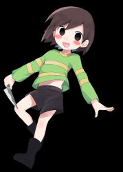 Rule 34 | 1girl, black background, black shorts, brown hair, chara (undertale), green sweater, highres, leg up, long sleeves, navel, open mouth, short hair, short shorts, shorts, simple background, smile, striped clothes, striped sweater, sweater, undertale, xox xxxxxx