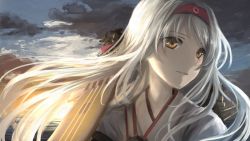 Rule 34 | 10s, 1girl, brown eyes, cloud, cloudy sky, flight deck, hairband, headband, japanese clothes, kantai collection, long hair, looking to the side, multiple girls, muneate, ocean, outdoors, parted lips, shoukaku (kancolle), sky, smile, solo, sunset, tamae (pixiv40276), upper body, water, white hair, wind