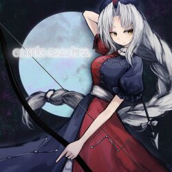 Rule 34 | 1girl, album cover, album name, arrow (projectile), blue dress, bow (weapon), braid, closed mouth, constellation print, cover, cross, dress, english text, full moon, grey hair, hat, highres, holding, holding arrow, holding bow (weapon), holding weapon, lit ter, long hair, moon, multicolored clothes, multicolored dress, nurse cap, red cross, red dress, short sleeves, single braid, smile, solo, touhou, very long hair, weapon, yagokoro eirin, yellow eyes