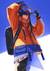 Rule 34 | 1girl, backpack, bag, beanie, black gloves, black hair, blue eyes, coat, gloves, goggles, goggles on headwear, hat, highres, kaneni, long hair, looking at viewer, original, solo, winter clothes, winter coat