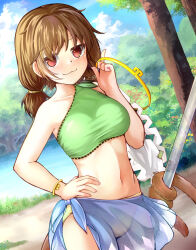 Rule 34 | 1girl, :3, adworse, alternate costume, bare arms, bare shoulders, bikini, blue sarong, blue sky, blush, bracelet, breasts, brown hair, bush, circlet, cloud, cowboy shot, day, dress, dutch angle, flower, foliage, forest, grass, green bikini, green dress, hand on own hip, holding, holding with tail, index finger raised, jewelry, jitome, lake, low twintails, medium breasts, midriff, mismatched bikini, monkey girl, monkey tail, nature, navel, outdoors, prehensile tail, red eyes, ruyi jingu bang, sarong, see-through, see-through sarong, short twintails, single-shoulder bikini, single wide sleeve, sky, smile, solo, son biten, standing, swimsuit, tail, touhou, tree, twintails, yellow bikini