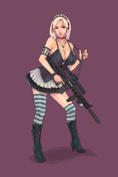 Rule 34 | 1girl, alva, assault rifle, blonde hair, boots, breasts, cleavage, full body, gun, high heels, highres, huge breasts, jewelry, large breasts, legs, lips, long hair, nail polish, necklace, original, purple eyes, red nails, rifle, scope, shoes, simple background, skirt, solo, standing, striped clothes, striped thighhighs, suppressor, thighhighs, trigger discipline, vertical forward grip, weapon