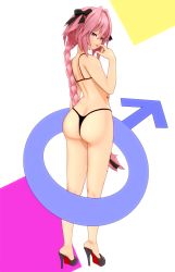 Rule 34 | 1boy, androgynous, artist request, ass, astolfo (fate), bare shoulders, bikini, bow, braid, butt crack, come hither, fate/apocrypha, fate/grand order, fate (series), from behind, full body, hair bow, high heels, highres, huge ass, long hair, looking at viewer, looking back, naughty face, open mouth, pink hair, purple eyes, shiny skin, single braid, solo, standing, swimsuit, thick thighs, thighs, thong, thong bikini, trap, very long hair, wide hips