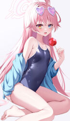 Rule 34 | 1girl, ahoge, armpit crease, bare legs, bare shoulders, barefoot, blue archive, blue eyes, blue jacket, blue one-piece swimsuit, blush, breasts, candy apple, commentary, competition school swimsuit, covered navel, crossed bangs, eyewear on head, fang, feet, fingernails, food, foot out of frame, furrowed brow, hair between eyes, halo, hatsuhi, heart, heart-shaped eyewear, heterochromia, highres, holding, holding food, hoshino (blue archive), jacket, legs, long fingernails, long hair, long sleeves, looking at viewer, nail polish, off shoulder, one-piece swimsuit, open clothes, open jacket, open mouth, pink-tinted eyewear, pink hair, pink halo, pink nails, school swimsuit, simple background, sitting, skin fang, sleeves past wrists, small breasts, smile, solo, sunglasses, swimsuit, thighs, tinted eyewear, toes, track jacket, very long hair, water drop, wet, wet clothes, wet swimsuit, white-framed eyewear, white background, yellow eyes, yokozuwari