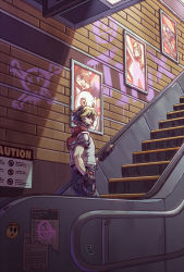 Rule 34 | 1boy, belt, blonde hair, denim, escalator, expressionless, ezreal, gloves, graffiti, headphones, highres, holding, holding phone, jeans, league of legends, male focus, pants, phone, poster (object), railing, shirt, short hair, solo, stairs, standing, t-shirt, vest, wenny02