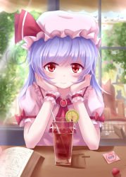 Rule 34 | absurdres, bat wings, blue hair, blurry, blurry background, book, bow, cherry, drinking straw, elbows on table, food, frills, fruit, hakurei reimu, hat, head rest, highres, iced tea, indoors, kuroneko (hmilk), lemon, lemon slice, lime (fruit), lime slice, looking at viewer, open book, red eyes, remilia scarlet, ribbon, short hair, smile, solo, solo focus, table, touhou, vampire, wings