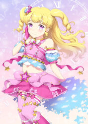 Rule 34 | 1girl, bare shoulders, blonde hair, blush, clock, closed mouth, commentary request, cropped shirt, detached sleeves, feet out of frame, hair ornament, hand on own cheek, hand on own face, idol clothes, idol time pripara, long hair, looking at viewer, navel, pink shirt, pink skirt, pink thighhighs, pretty series, pripara, puffy detached sleeves, puffy sleeves, purple eyes, ringlets, shirt, skirt, sky print, smile, solo, standing, star (symbol), star hair ornament, thighhighs, two side up, unya (unya-unya), yumekawa yui
